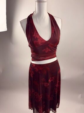 Full Tilt Burgundy Floral Halter Crop Top & Skirt Set